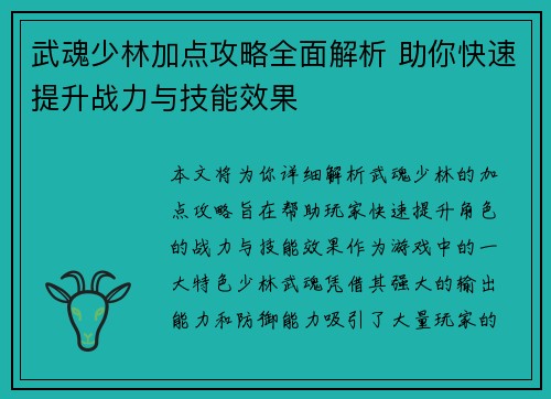 武魂少林加点攻略全面解析 助你快速提升战力与技能效果